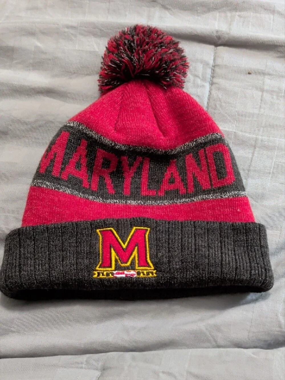 Kids Pom Beanie Maryland Terrapins Hat - Red & Gray